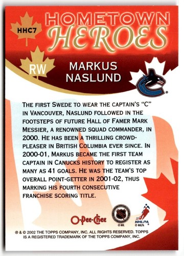 2002-03 O-Pee-Chee Hometown Heroes Canada Markus Naslund #HHC7 Vancouver Canucks - Picture 2 of 2