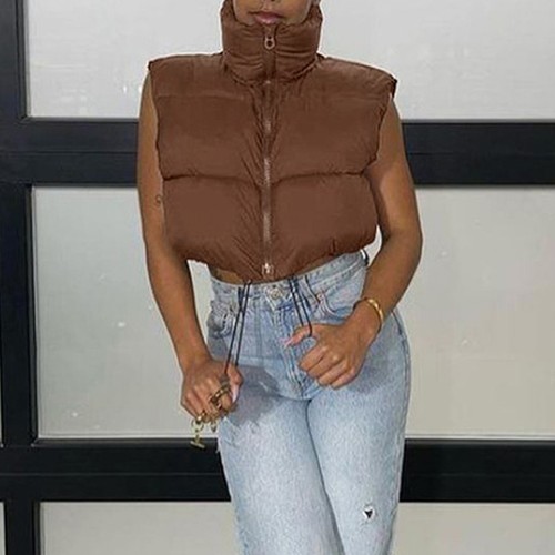 Damen Crop Puffer Weste Leicht Stehkragen Ärmellos Reißverschluss Wattiert Mantel - Bild 10 von 30