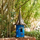 32" Oversized Metal hanging birdhouse with bronze roof, blue