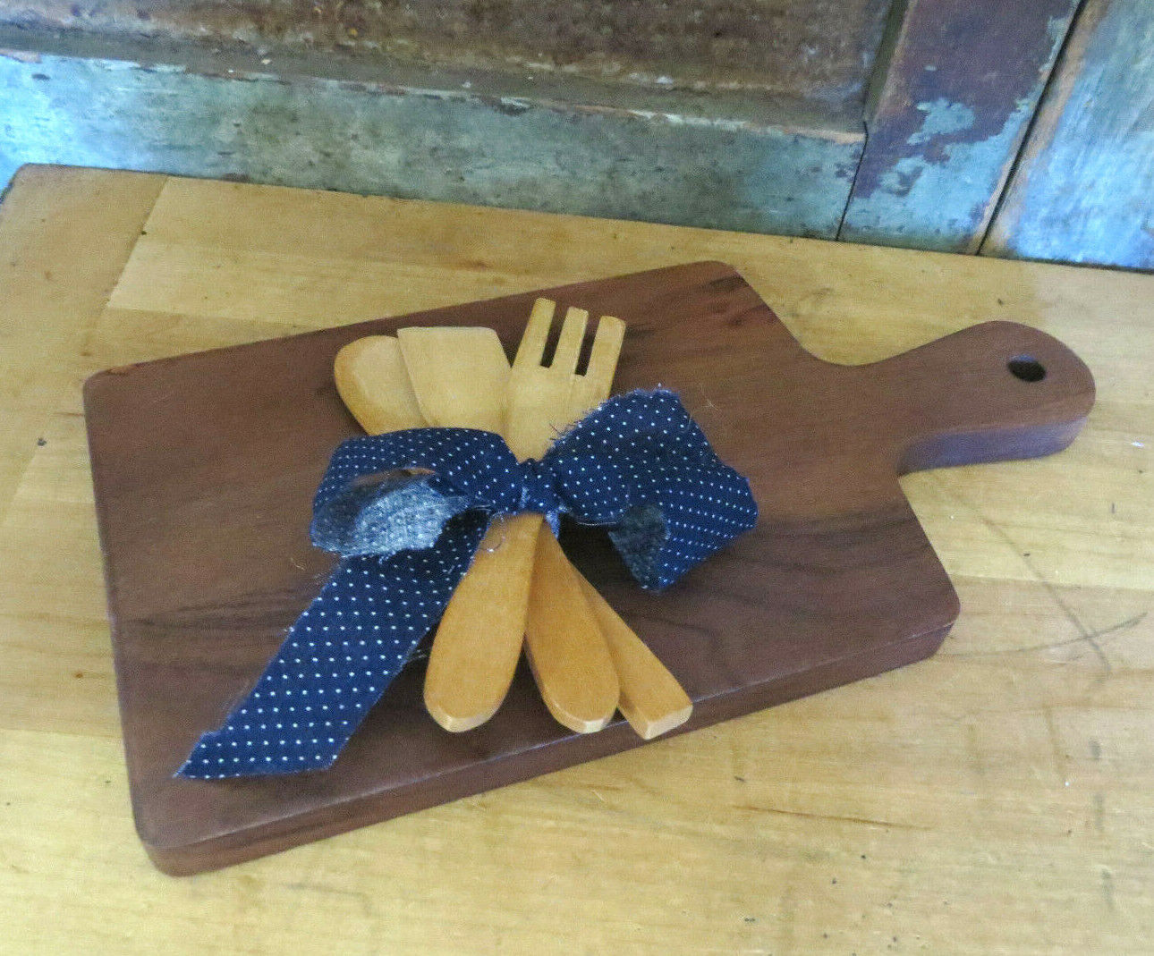 Child's Size Lollipop Handle Walnut Cutting Board w 3 tiny wood kitchen utensils