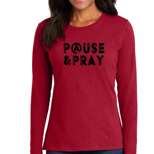 Womens Long Sleeve Graphic T-shirt - Pause and Pray Black Illustration - Picture 19 of 28