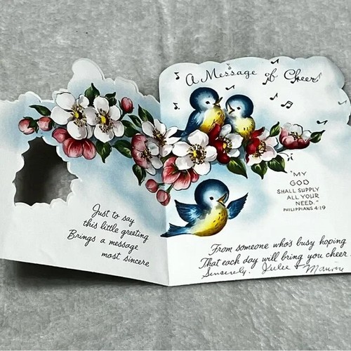 Tarjeta de felicitación vintage A Message of Cheer Birds Flowers CBX - Imagen 2 de 3