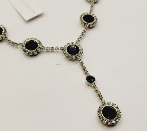 BLUE Crystal Y Necklace 16 Inches - RUNWAY STATEMENT Necklace Silver tone