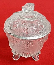 Jeanette Glass Harvest Grape & Vine Candy Dish Clear Footed Lidded Vintage