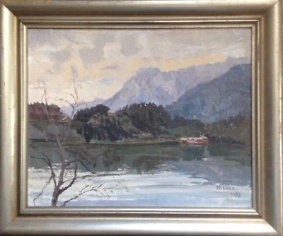 ::M. WALZ 1928 ALPEN ÖLGEMÄLDE SEE IN DEN BERGEN IMPRESSIONIST ANTIK RAHMEN  - Bild 1 von 4