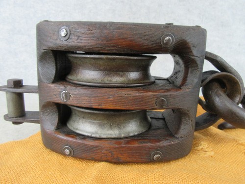Vintage Wood Metal Farm Barn Nautical Double Hook Block Tackle Pulley Décor #2 - Picture 18 of 24