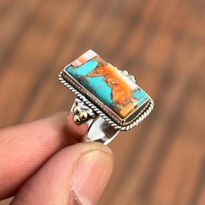 Two-Tone Oyster Turquoise Gemstone Ring-925 Sterling Silver Gift for Women's