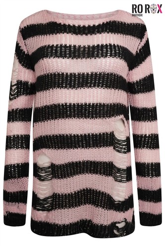 90's Oversized Striped Gothic Grunge Jumper - Chunky Knitted Distressed Sweater - Picture 5 of 39