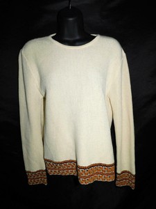 Peru-Etnico-M-Beige-Orange-Brown-Sweater-Alpaca-Knit-Crochet-Trim-Womens-Pullove