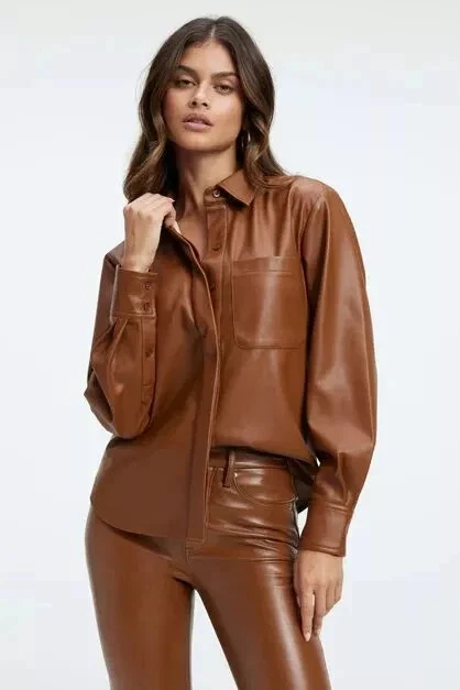 New Women Shirt Brown Formal Handmade Genuine Leather Lambskin Stylish Casual - Image 4 of 4