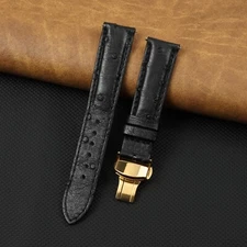 19mm Black Ostrich Leather Men Watch Strap Gold Deployment Buckle Quick Release