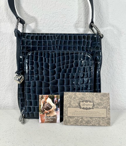 New Brighton Shoulder Bag Sonny Lil Cher Blue Patent Croc Embossed Handbag $300