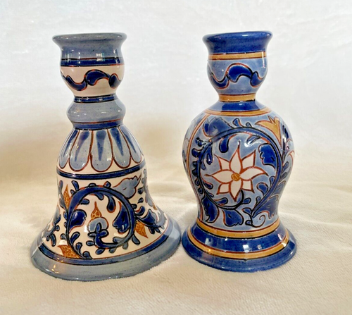 Artist Made Candle Holders Hand Painted Blue Pottery Set of 2 SIGNED - Picture 2 of 6