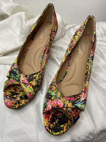 Scarpe con zeppa Dexflex Comfort Peek a Boo in sughero floreale tropicale NUOVE taglia 10 - Foto 1 di 9