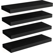 Floating Wall Shelves, Rustic Wood, 15.8 Inch, Set of 4, Black