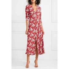 RIXO Katie Maxi Dress in Red Diana Floral 3/4 Sleeve V-Neck Button Front Medium