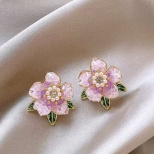 925 Sterling Silver Pink Flower Stud Earrings   Handmade Crystal  Pearl Detai