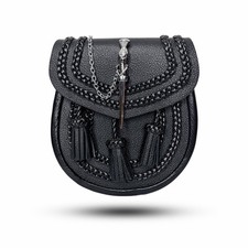 New Black Scottish Braided Leather Day Sporran with Sword Tassel Chain