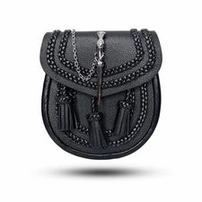 New Black Scottish Braided Leather Day Sporran with Sword Tassel Chain