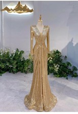 Luxury Evening Dresses Mermaid V-Neck Sequins Beads Long Sleeve Prom Party Gowns