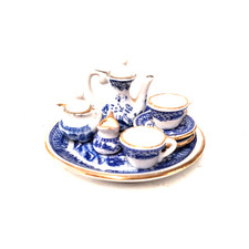 Vintage Blue Willow Miniature Porcelain Tea Set Gold Trim Dollhouse Display