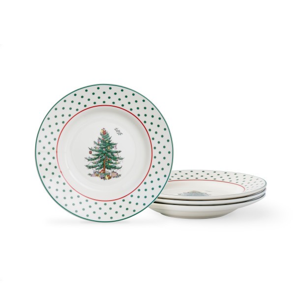 Spode Christmas Tree Polka Dot Tidbit Plates Set of 4 - Dishwasher Safe