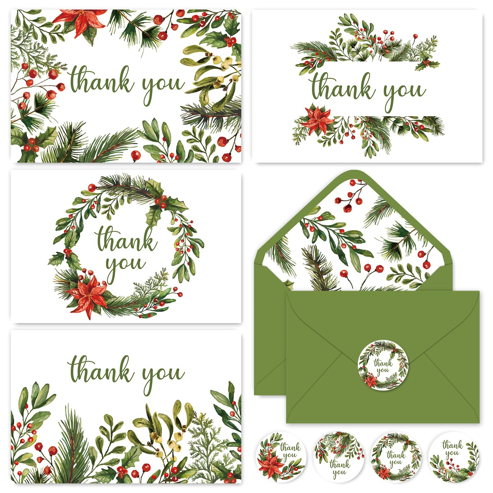 Whaline 32 Packs Christmas Thank You Greeting Cards 4 x 6 inch, Green