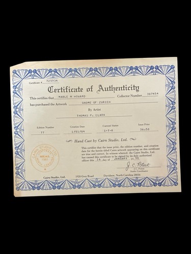 Tom Clark Gnomes “Gnome Of Zurich” 1984 Cairn Super Clean with Original COA - Picture 5 of 5