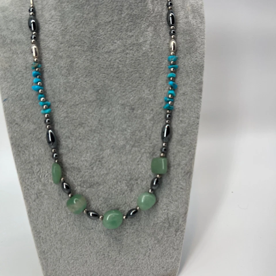 Colar de contas de hematita de pedra verde turquesa declaração boho joia 19 polegadas - Imagem 2 de 4