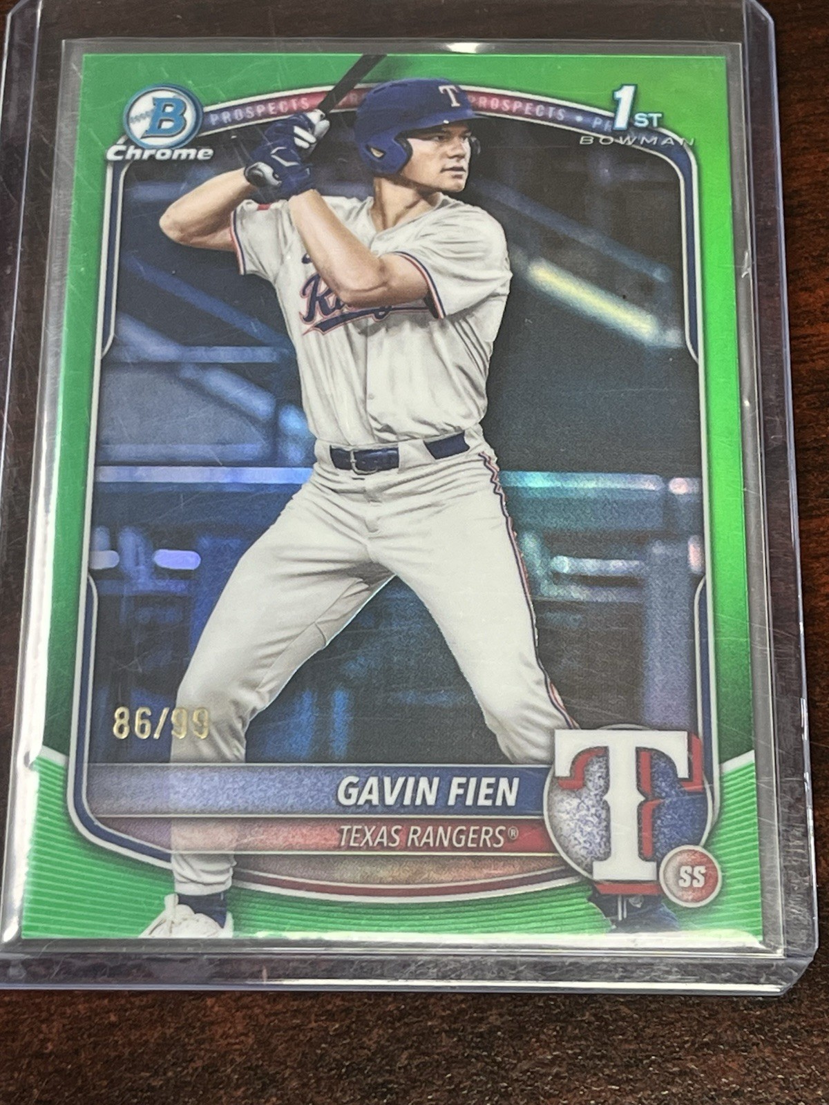 2025 Bowman Draft Gavin Fien 1st Chrome Green Refractor #/99 Rangers #BDC-15