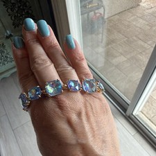 Gold Tone Tennis Bracelet Blue Cushion-Cut Cr...
