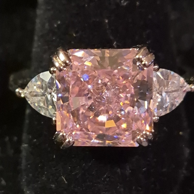 925 Sterling Silver Natural Cushion Pink Diamond Ring 3-Stone AAAczs