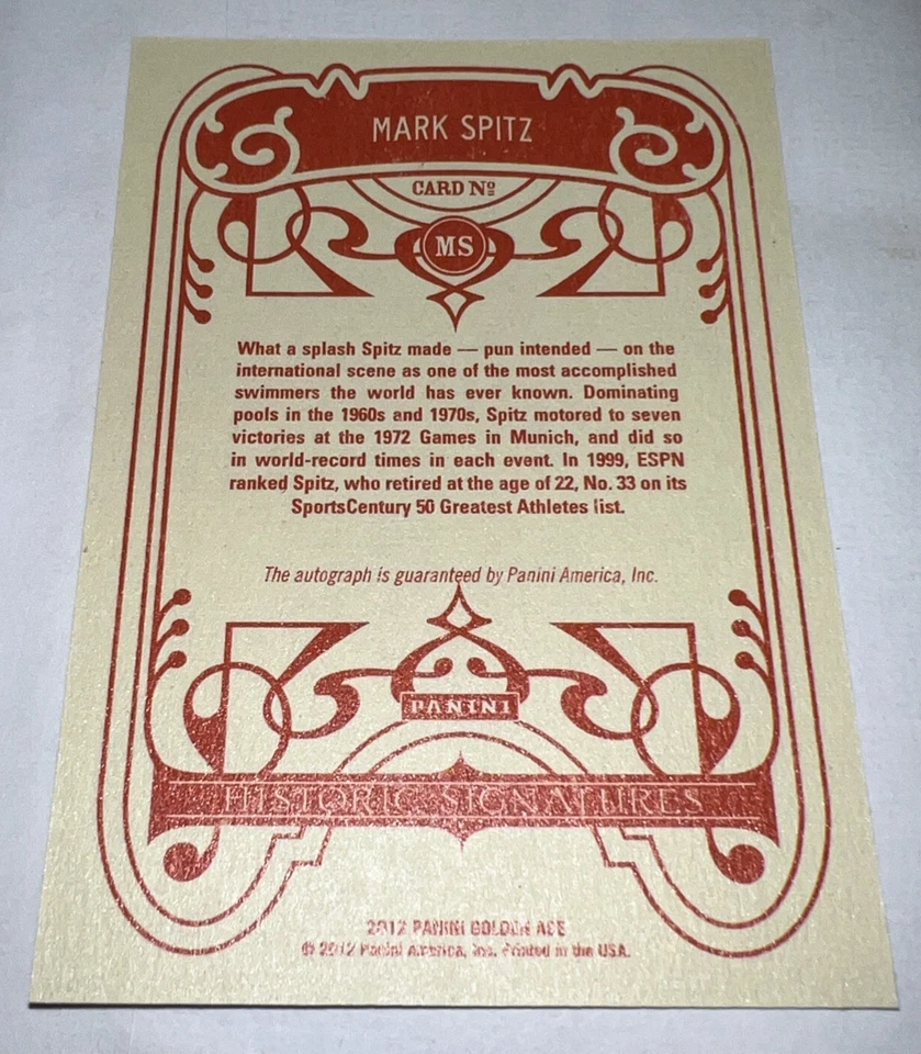 Assinaturas históricas da Era de Ouro 2012 Panini Mark Spitz #MS autografadas - Imagem 2 de 2