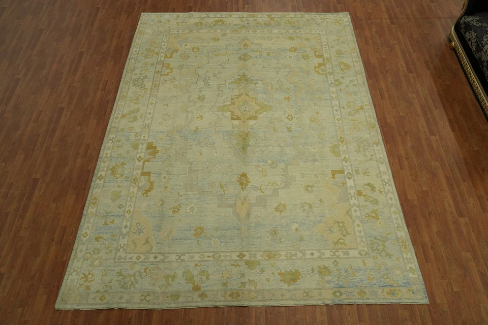 Transitional Oushak Turkish Area Rug 10x13 Ft Handmade Green Wool Carpet - Image 2 of 4