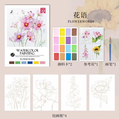 Aquarell DIY Malerei Set 4 Bilder, Pinsel, Gouache Blume Worte