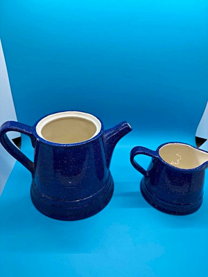 Blue White Speckled Ceramic Creamer & Sugar Bowl Set, Glossy Finish (2pc)