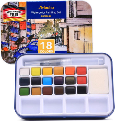 Artecho Aquarellfarben Set, 18 Basic Farben Wasserfarben, Aquarell Mit Wassertan