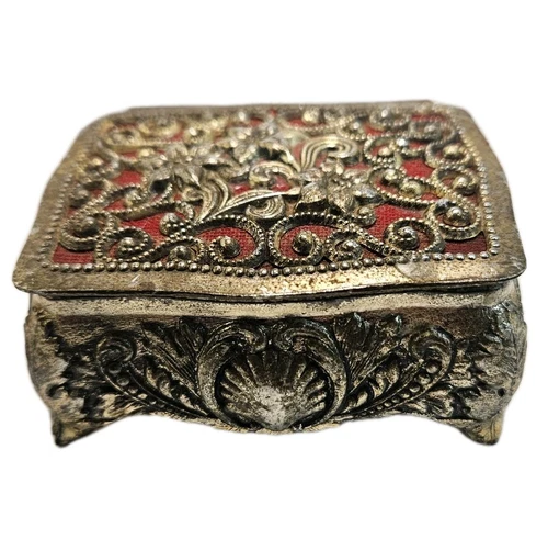 Vtg Footed Metal Jewelry Trinket Box Silver Tone Red Velvet Lined 2"x3" Japan
