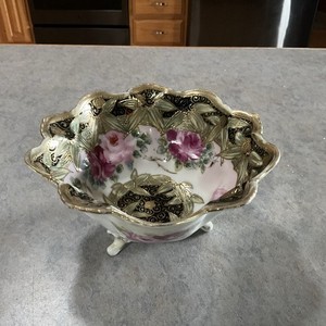 Antique M in Wreath Nippon Footed Floral Motiff Hand Painted Bowl