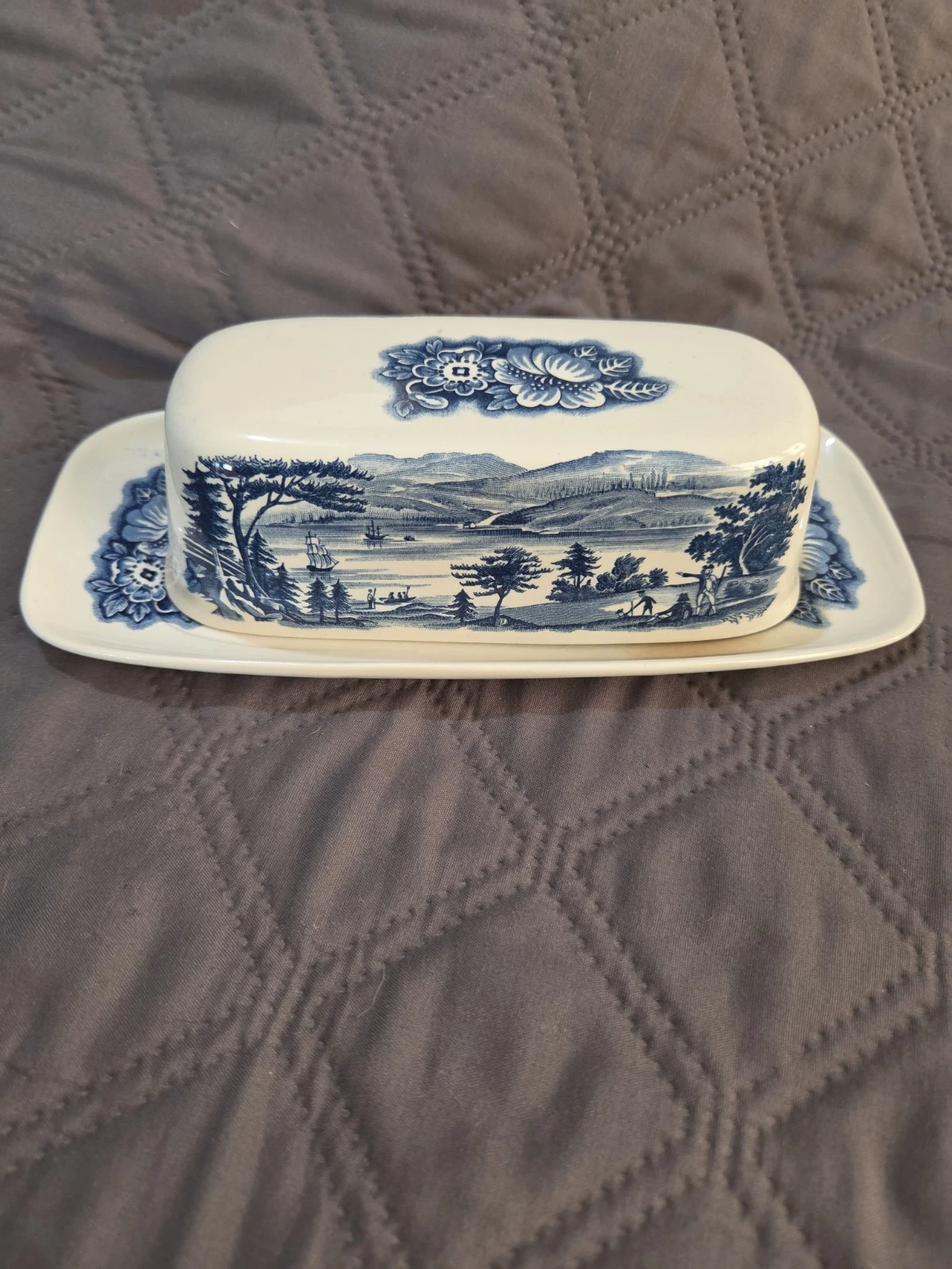 Liberty Blue Butter Dish Staffordshire Lafayette Landing West Point. See Pics
