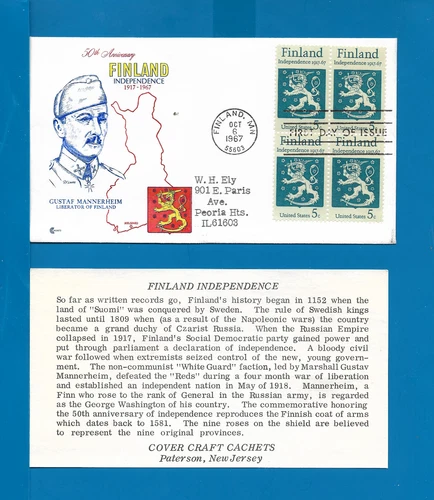 Scott 1334 Finland Independence w Insert BL4 Oct 6, 1967 Cover Craft FDC CK1