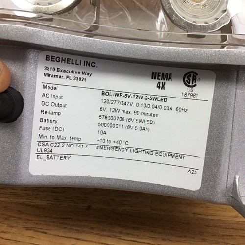 BEGHELLI bol-6v-12w-2-led-5w Indoor Vandal Resistant Emergency Light 12 V NEW F1 - Picture 3 of 6