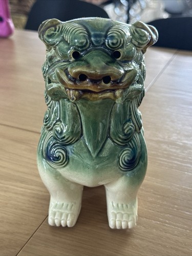Vintage Chinese Foo dog glazed pottery ceramic green/blue 19cm x 15cm