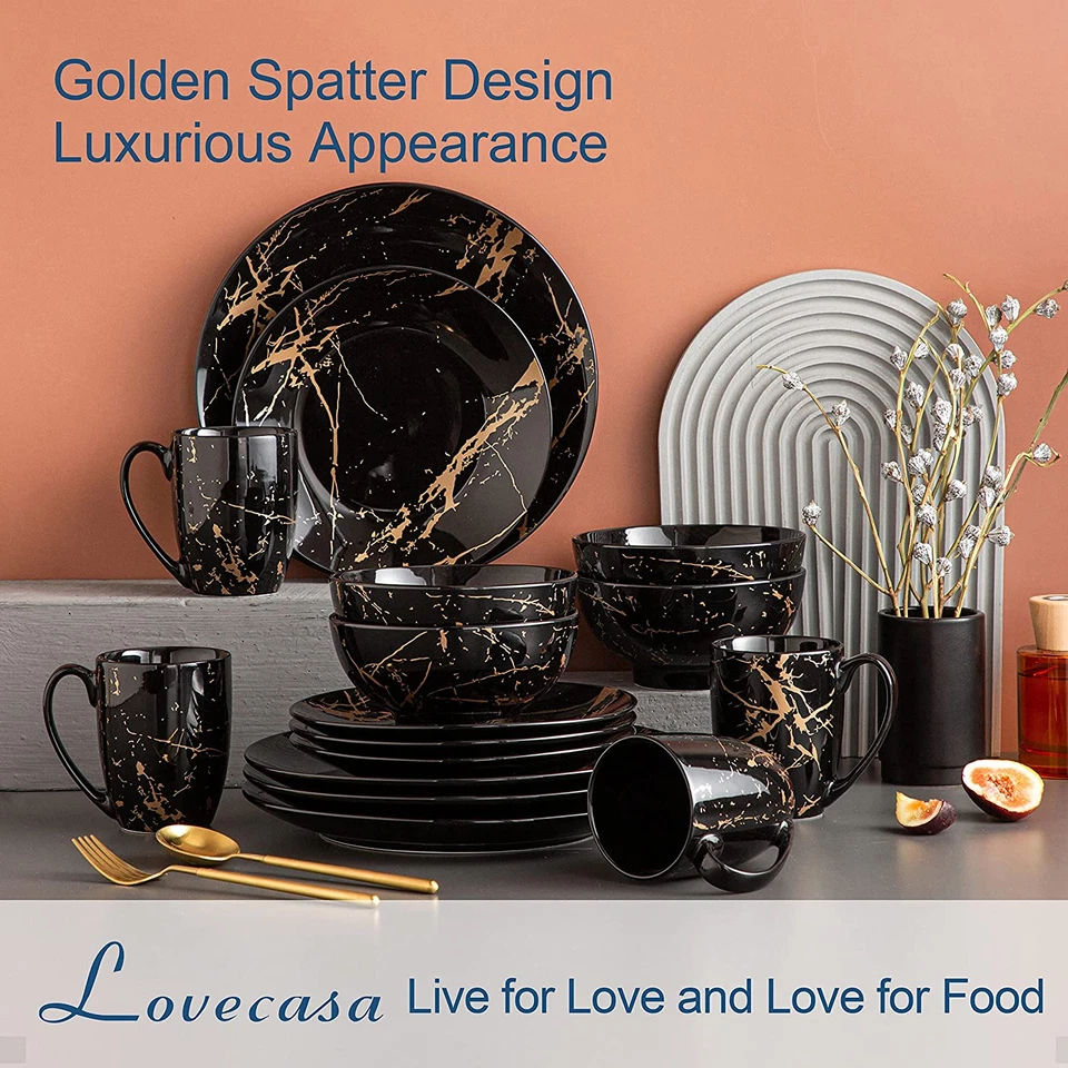 Juegos de platos y cuencos negros para 4, juegos de vajilla de porcelana 16 piezas salpicaduras doradas Foto 2 de 4