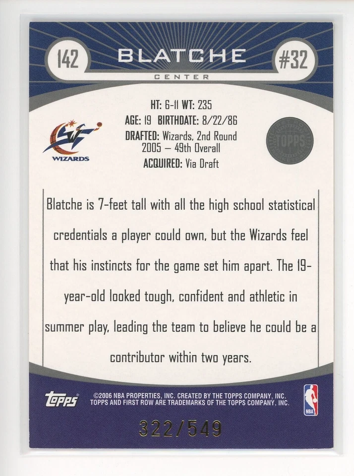 2005-06 Topps primera fila #142 Andray Blatche RC Wizards/549 Foto 2 de 3