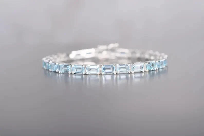 9ct Emerald Cut Simulated Aquamarine Tennis Bracelet 14k White Gold Plated SLVR - image 2 of 4