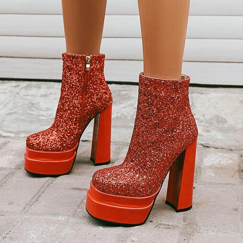 Women's Chic Sequin Square Toe Platform Block Heel Bootie Ankle Boots Shoes FAV - Picture 5 of 16