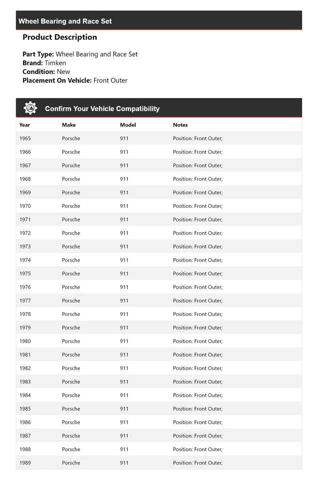 Juego de cojinetes de rueda y carreras delantero exterior Timken 1966 para Porsche 911 1965-1989 Foto 2 de 4
