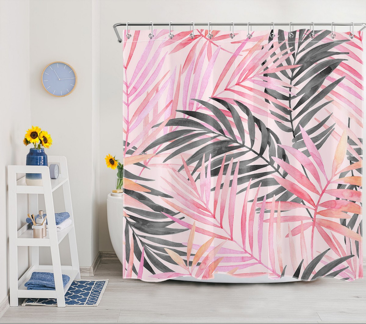 HYKHYK Leopard Palm Leaf Shower Curtain - Tropical Jungle Cheetah Pink Boho Bathroom Set With Hooks, 91x70 Inches