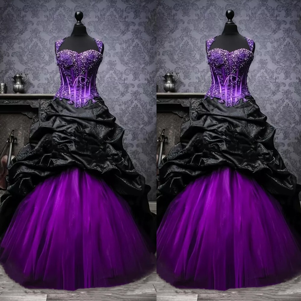 Gothic Wedding Dresses Beaded Black and Purple Ruffled Satin Tulle ...